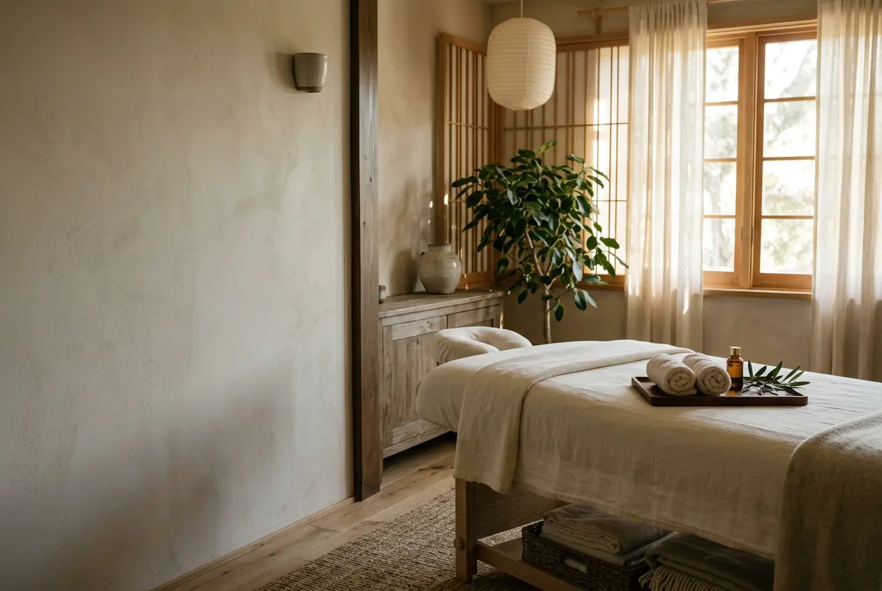 Warmer, ruhiger Wellnessraum mit Massagebett, natürlichen Materialien und sanftem Tageslicht – stimmungsvolle Illustration